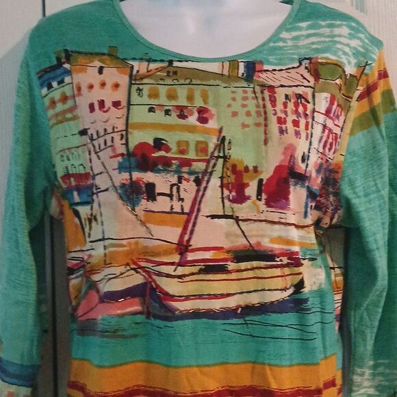 Jane Ashley sail boat city 3/4th length sleeve top Sz S EUC - Picture 2 of 5